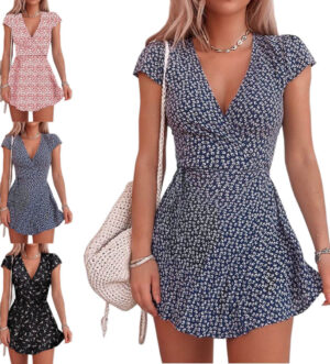 Summer Women's Floral Short Skirt New Mini Skirt Short Sleeve Dress