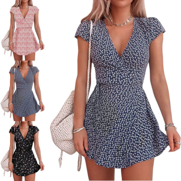 Summer Women's Floral Short Skirt New Mini Skirt Short Sleeve Dress