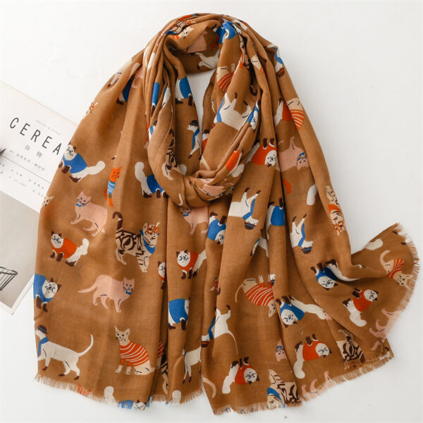 Cotton And Linen Hand Scarf Fashion Cat Cartoon Thermal Shawl - Image 3